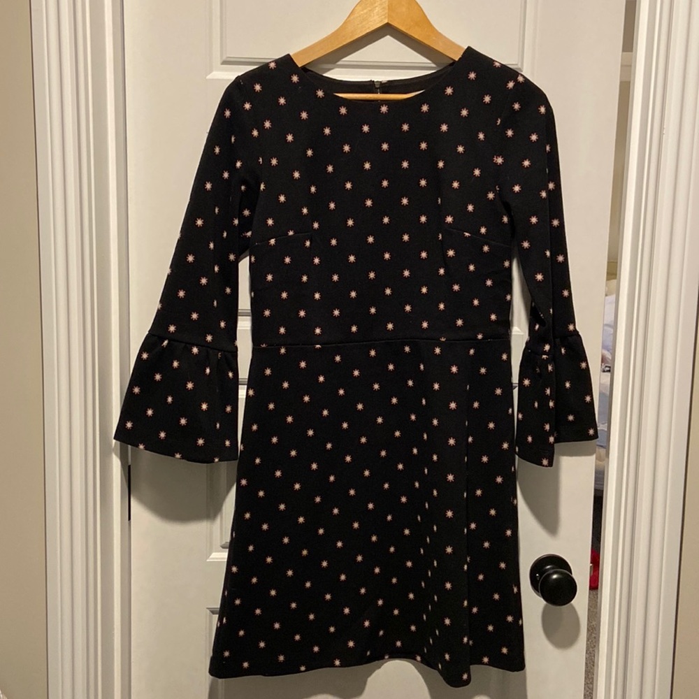 Black Loft dress with pink flower pattern and bell sleeve